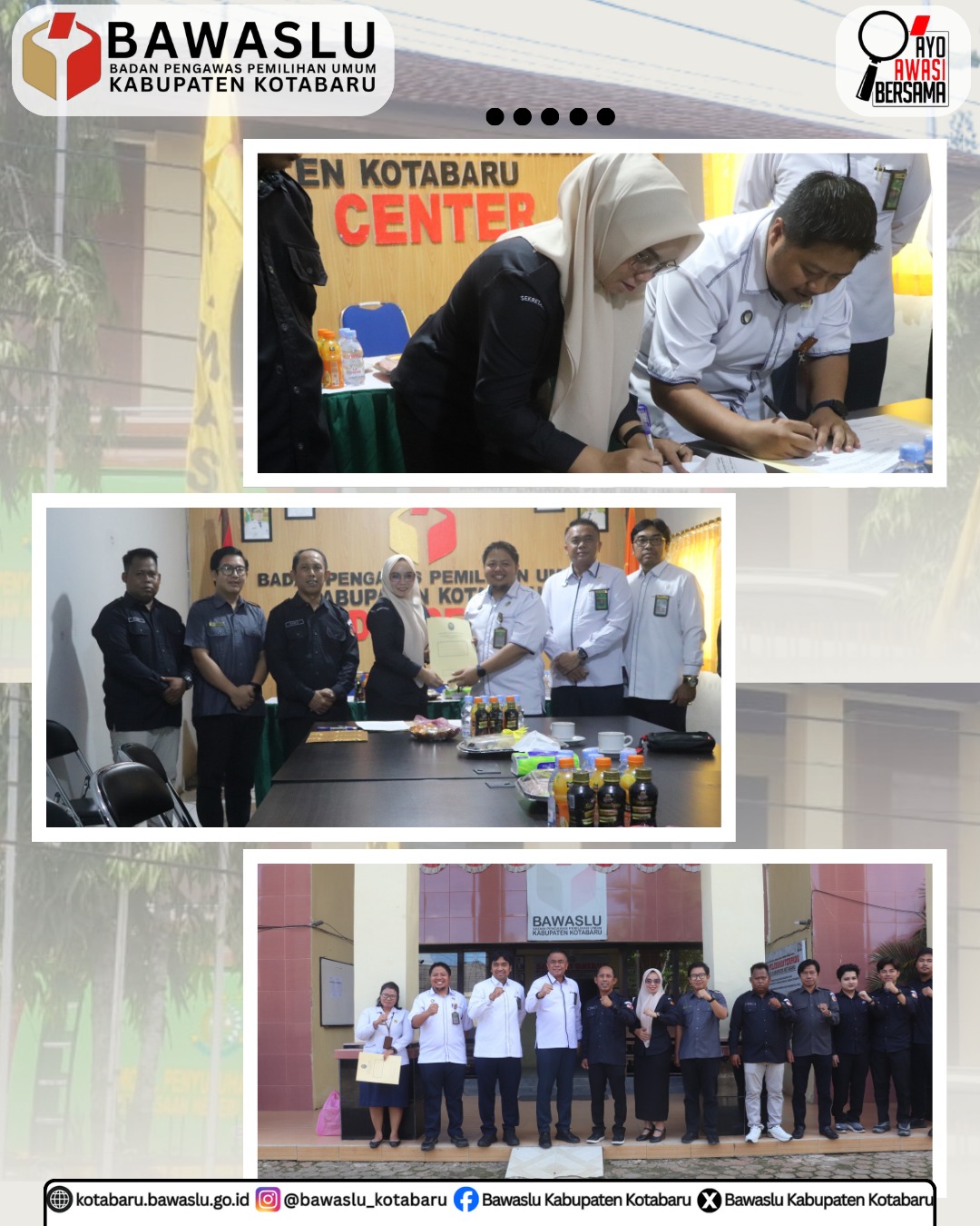 Badan Pengawas Pemilihan Umum (Bawaslu) Kabupaten Kotabaru melaksanakan kegiatan penandatanganan Nota Kesepahaman (MoU) serah terima penggunaan sementara Barang Milik Negara berupa gedung kantor antara Pengadilan Negeri Kabupaten Kotabaru dengan Bawaslu Kabupaten Kotabaru